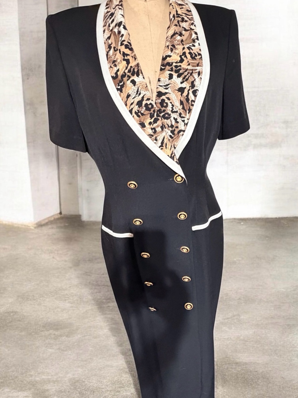 Danny & Nicole Black Midi Dress with Leopard-Print Lapel and White Trim